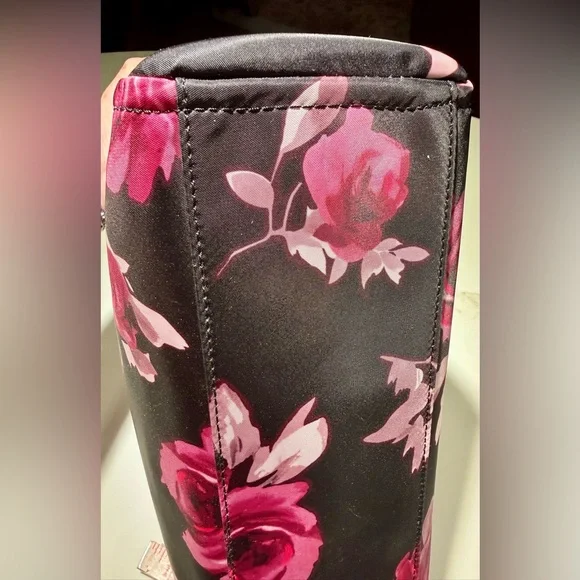 KATE SPADE Crossbody Nylon Tote, P436 Black Pink Roses - Picture 11 of 16